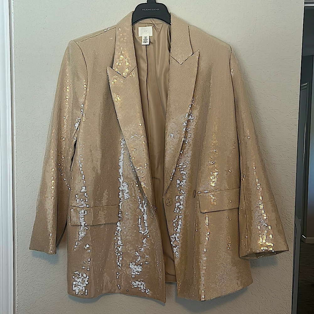 H & M tan sequin medium blazer oversized.